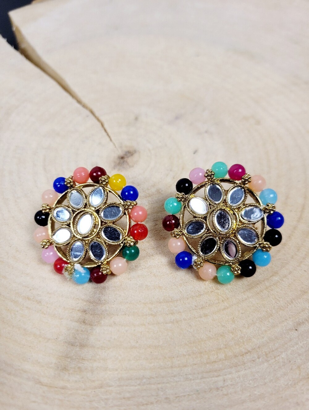 Brand New Gold Tone Rainbow Colour Beads Stud Earrings